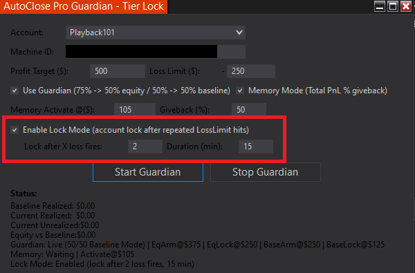 ACPG Lock Mode behavioral enforcement in NinjaTrader 8 preventing new account-level trade entries after protective event