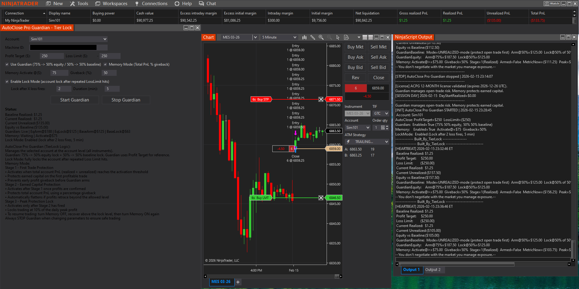 AutoClose Pro Guardian enforcing prop firm daily loss rules in NinjaTrader 8