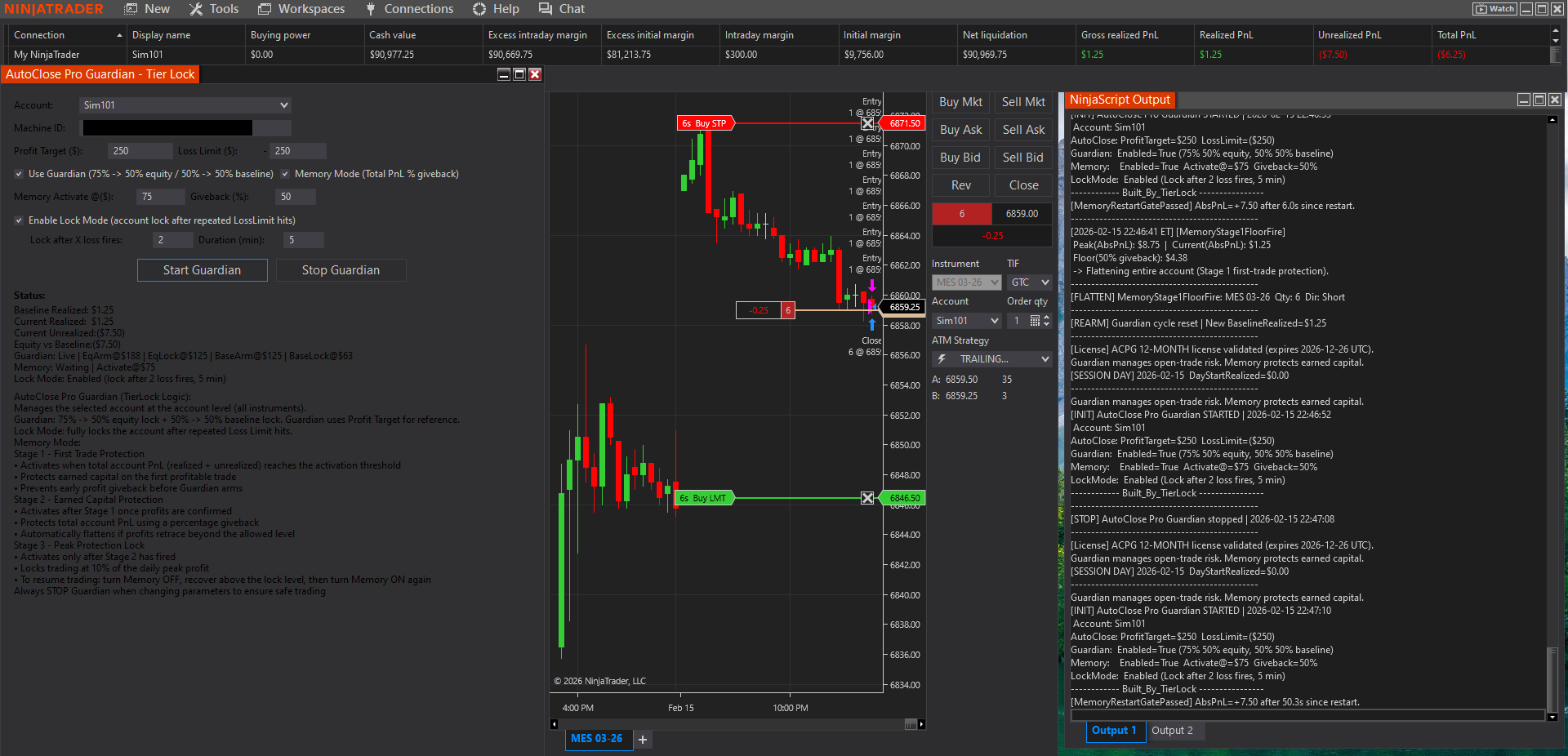 NinjaTrader 8 risk management AddOn showing profit protection and account-level supervision