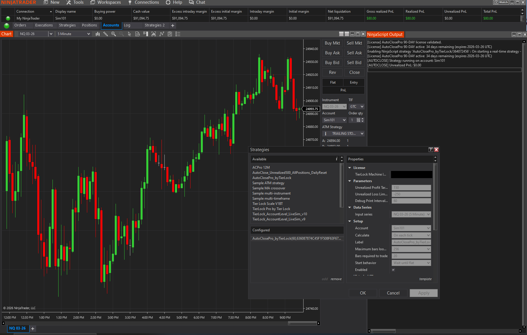 AutoClose Pro risk management interface inside NinjaTrader 8
