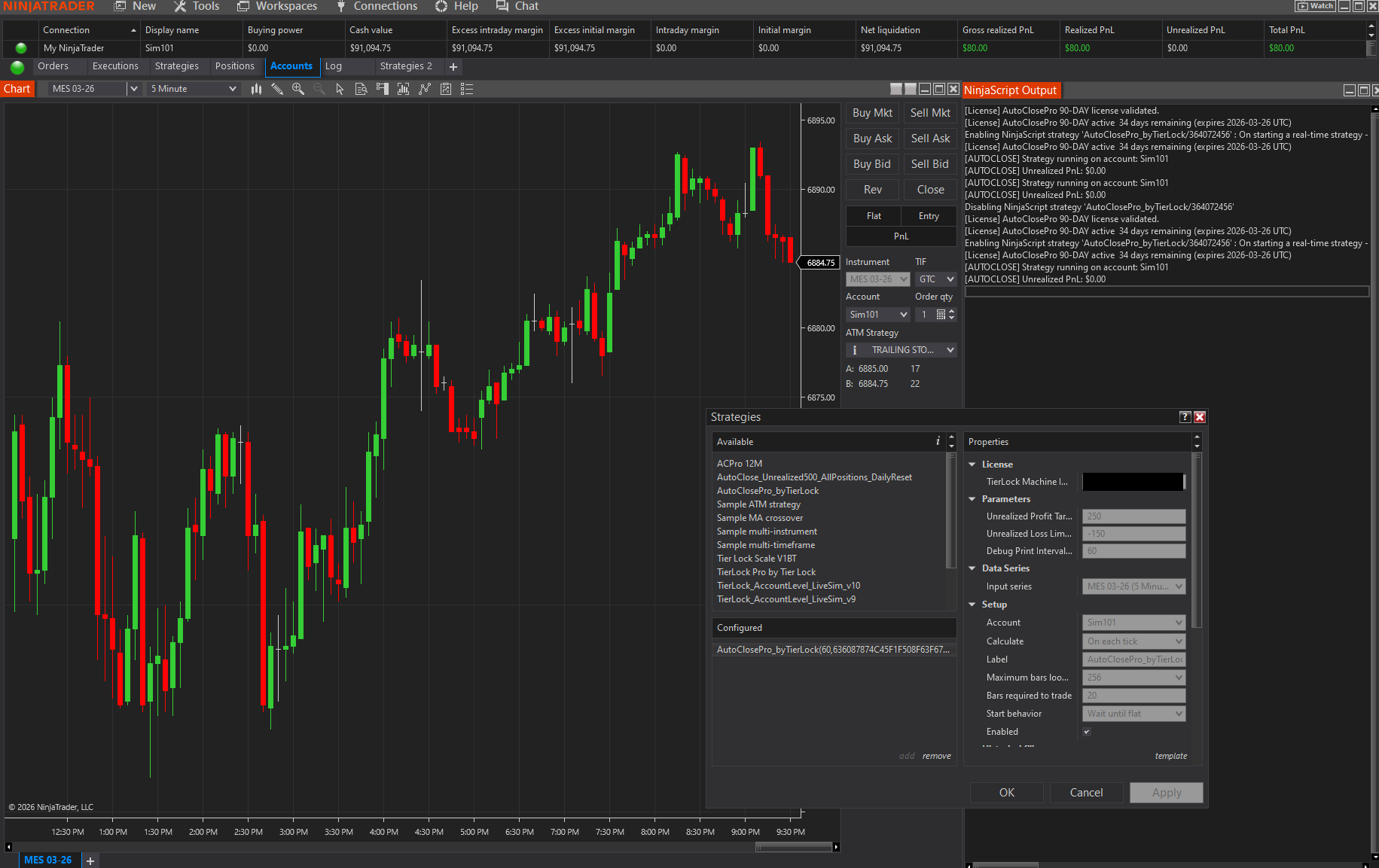 AutoClose Pro account-level risk management interface inside NinjaTrader