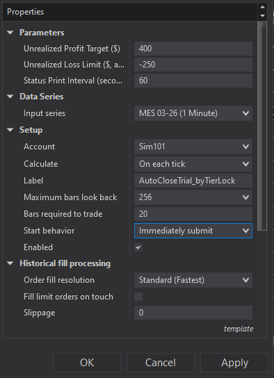 AutoClose Pro NinjaTrader 8 daily loss limit enforcement interface