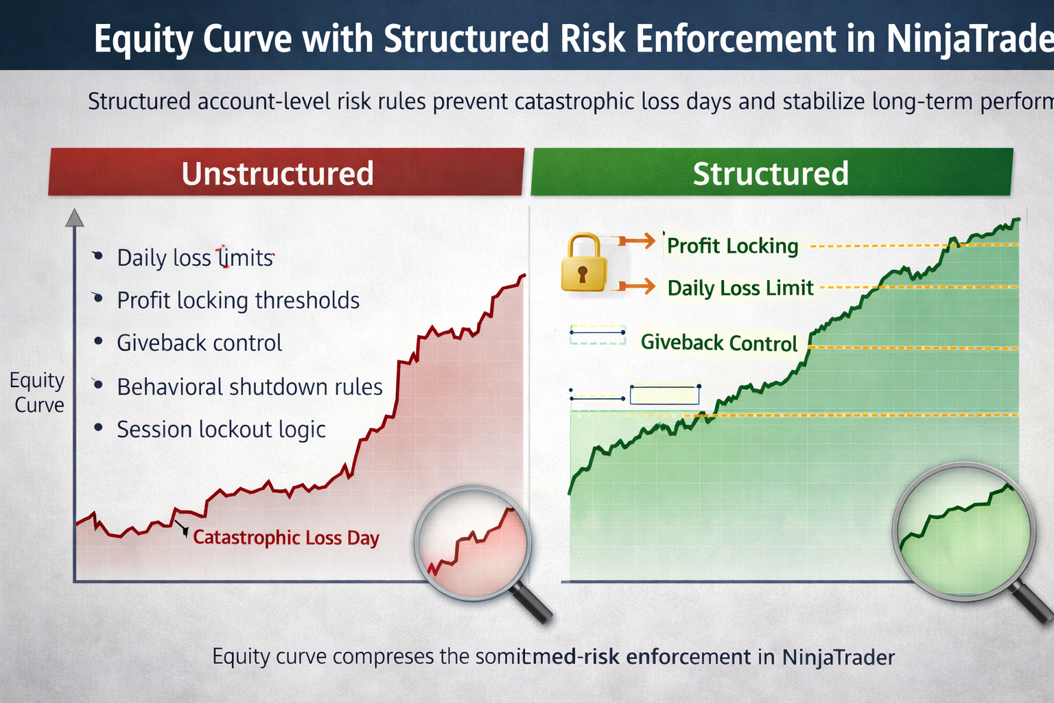 Equity curve with structured risk enforcement in NinjaTrader 8