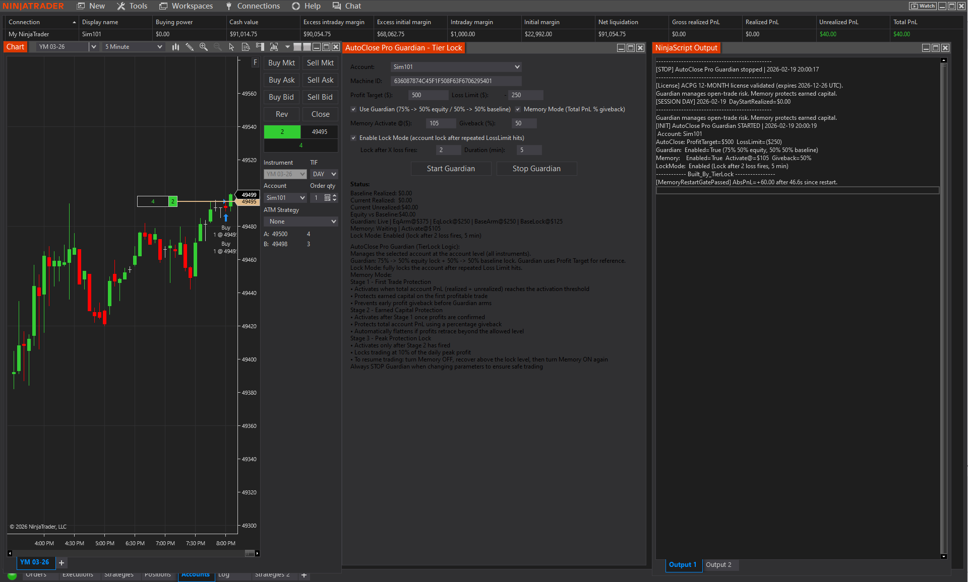 AutoClose Pro Guardian risk management interface in NinjaTrader